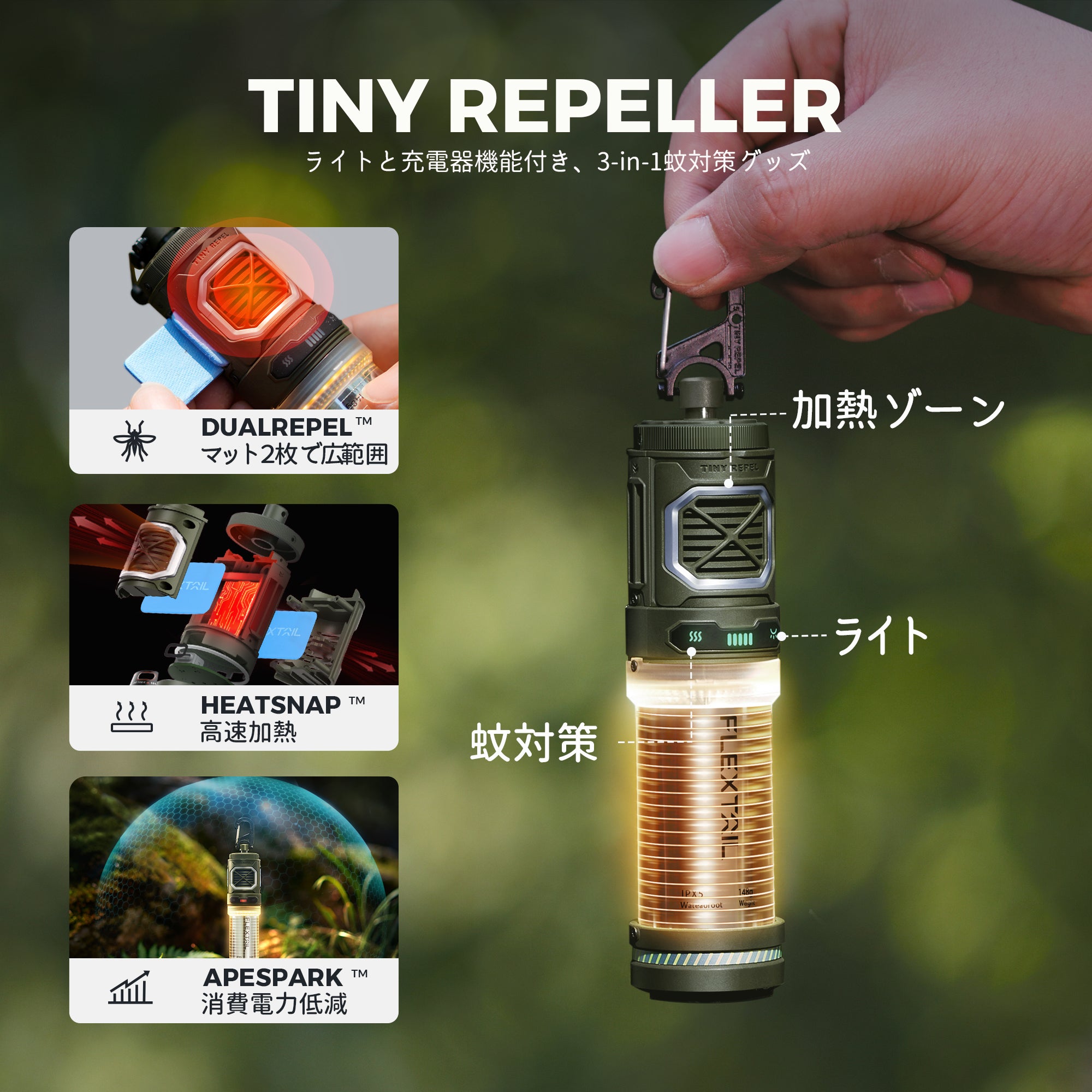 TINY REPELLER‐ライトと充電器機能付き、3-in-1蚊対策グッズ – FLEXTAIL-JP